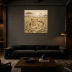 Sand & Ochre Lion Cub Safari Kids Wall Art Canvas Print shown in a warm modern interior