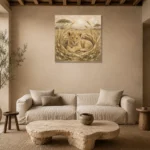 Sand & Ochre Lion Cub Safari Kids Wall Art Canvas Print presented in a sophisticated home setting