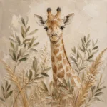 Soft Sand & Olive Giraffe Safari Kids Wall Art Canvas Print
