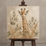 Soft Sand & Olive Giraffe Safari Kids Wall Art Canvas Print displayed on a studio easel