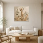 Soft Sand & Olive Giraffe Safari Kids Wall Art Canvas Print styled in a refined neutral interior