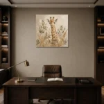 Soft Sand & Olive Giraffe Safari Kids Wall Art Canvas Print displayed in a contemporary gallery-inspired room
