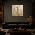 Soft Sand & Olive Giraffe Safari Kids Wall Art Canvas Print shown in a warm modern interior
