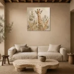 Soft Sand & Olive Giraffe Safari Kids Wall Art Canvas Print presented in a sophisticated home setting