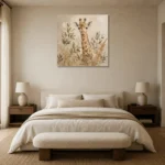 Soft Sand & Olive Giraffe Safari Kids Wall Art Canvas Print showcased in an elegant minimalist interior
