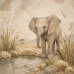 Sand & Olive Baby Elephant Oasis Safari Kids Wall Art Canvas Print