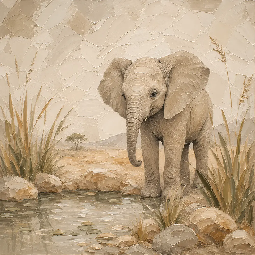 Sand & Olive Baby Elephant Oasis Safari Kids Wall Art Canvas Print