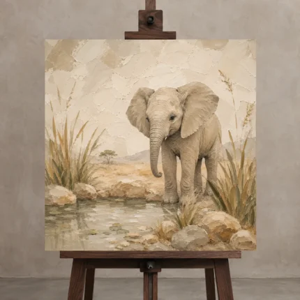 Sand & Olive Baby Elephant Oasis Safari Kids Wall Art Canvas Print displayed on a studio easel