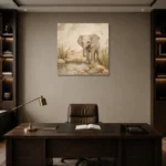 Sand & Olive Baby Elephant Oasis Safari Kids Wall Art Canvas Print displayed in a contemporary gallery-inspired room