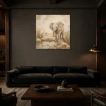 Sand & Olive Baby Elephant Oasis Safari Kids Wall Art Canvas Print shown in a warm modern interior