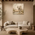 Sand & Olive Baby Elephant Oasis Safari Kids Wall Art Canvas Print presented in a sophisticated home setting