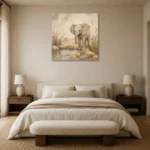 Sand & Olive Baby Elephant Oasis Safari Kids Wall Art Canvas Print showcased in an elegant minimalist interior