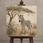 Ivory & Charcoal Zebra Foal Safari Kids Wall Art Canvas Print displayed on a studio easel