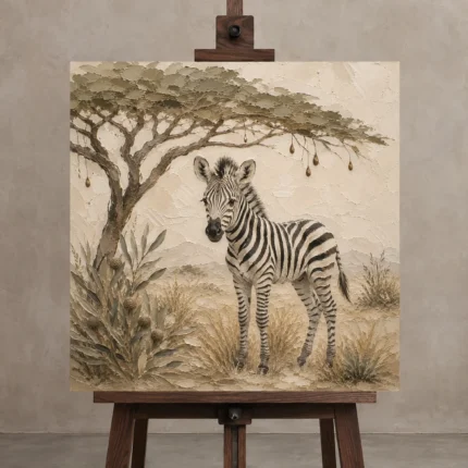 Ivory & Charcoal Zebra Foal Safari Kids Wall Art Canvas Print displayed on a studio easel