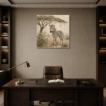 Ivory & Charcoal Zebra Foal Safari Kids Wall Art Canvas Print displayed in a contemporary gallery-inspired room