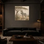 Ivory & Charcoal Zebra Foal Safari Kids Wall Art Canvas Print shown in a warm modern interior