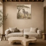 Ivory & Charcoal Zebra Foal Safari Kids Wall Art Canvas Print presented in a sophisticated home setting