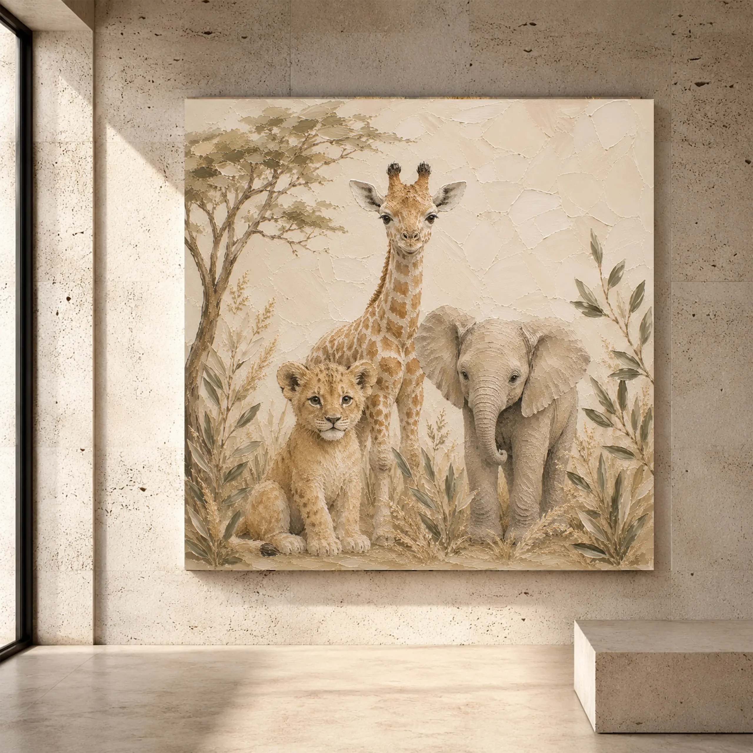 Premium Wall Art Kare Html Edition – KIDSROOM035 Image 1 Sand, ochre, and soft caramel Safari Kids Wall Art print for elegant interiors. No text or watermarks in design.