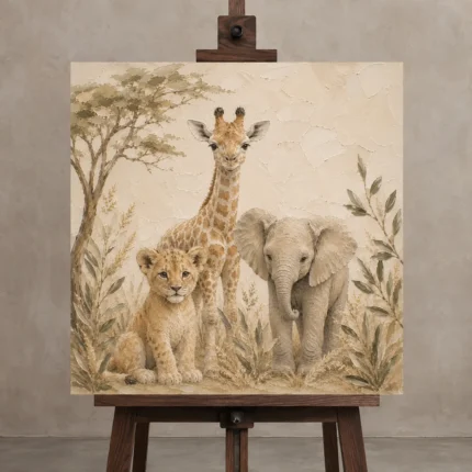 Sand & Caramel Safari Animal Trio Kids Wall Art Canvas Print displayed on a studio easel