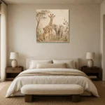 Sand & Caramel Safari Animal Trio Kids Wall Art Canvas Print showcased in an elegant minimalist interior