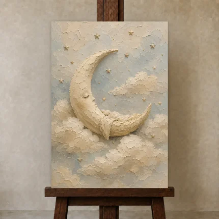 Cream & Gold Crescent Moon Celestial Nursery Wall Art Canvas Print shown in Studio Easel
