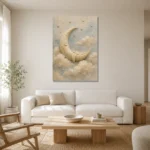 Cream & Gold Crescent Moon Celestial Nursery Wall Art Canvas Print styled in a refined neutral interior