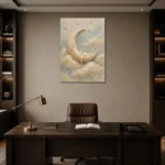 Cream & Gold Crescent Moon Celestial Nursery Wall Art Canvas Print displayed in a contemporary gallery-inspired room