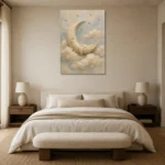 Cream & Gold Crescent Moon Celestial Nursery Wall Art Canvas Print showcased in an elegant minimalist interior