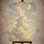 Cream and pale blue Celestial Nursery Wall Art print for elegant interiors. No text or watermarks in design.