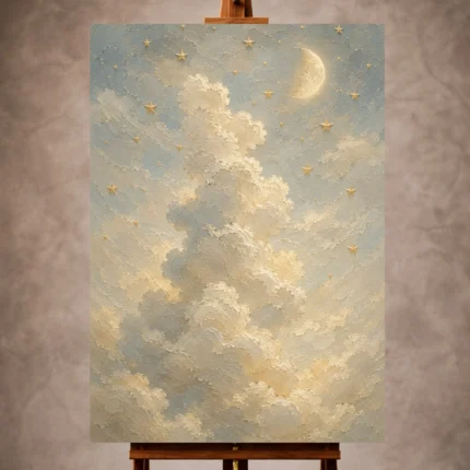 Cream and pale blue Celestial Nursery Wall Art print for elegant interiors. No text or watermarks in design.