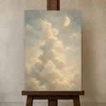 Cream & Blue Moonlit Cloud Celestial Nursery Wall Art Canvas Print displayed on a studio easel