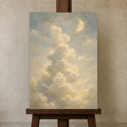 Cream & Blue Moonlit Cloud Celestial Nursery Wall Art Canvas Print shown in Studio Easel