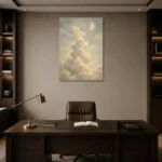 Cream & Blue Moonlit Cloud Celestial Nursery Wall Art Canvas Print displayed in a contemporary gallery-inspired room