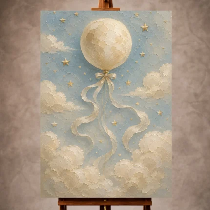 Pale blue and brushed gold Celestial Nursery Wall Art print for elegant interiors. No text or watermarks in design.