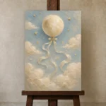 Pale Blue & Gold Moon Balloon Celestial Nursery Wall Art Canvas Print displayed on a studio easel