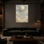 Pale Blue & Gold Moon Balloon Celestial Nursery Wall Art Canvas Print shown in a warm modern interior