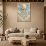 Pale Blue & Gold Moon Balloon Celestial Nursery Wall Art Canvas Print presented in a sophisticated home setting