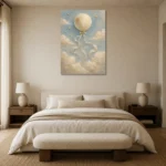 Pale Blue & Gold Moon Balloon Celestial Nursery Wall Art Canvas Print showcased in an elegant minimalist interior