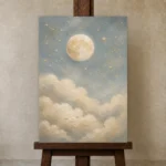 Cream & Gold Full Moon Celestial Nursery Wall Art Canvas Print displayed on a studio easel
