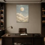 Cream & Gold Full Moon Celestial Nursery Wall Art Canvas Print displayed in a contemporary gallery-inspired room