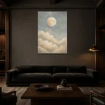 Cream & Gold Full Moon Celestial Nursery Wall Art Canvas Print shown in a warm modern interior