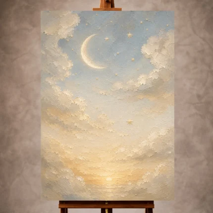 Cream and champagne gold Celestial Nursery Wall Art print for elegant interiors. No text or watermarks in design.