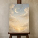 Cream & Champagne Dawn Moon Celestial Nursery Wall Art Canvas Print displayed on a studio easel