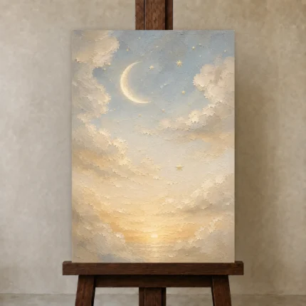 Cream & Champagne Dawn Moon Celestial Nursery Wall Art Canvas Print shown in Studio Easel
