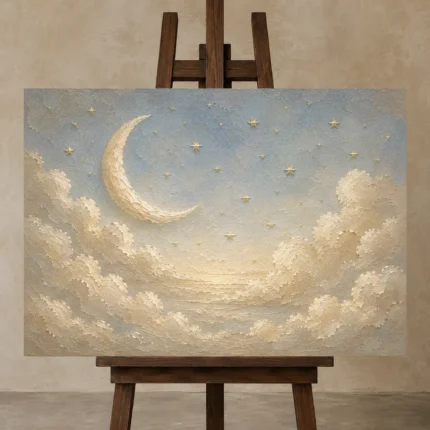 Cream & Gold Harbor Moon Celestial Nursery Wall Art Canvas Print shown in Studio Easel