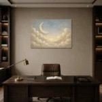 Cream & Gold Harbor Moon Celestial Nursery Wall Art Canvas Print displayed in a contemporary gallery-inspired room
