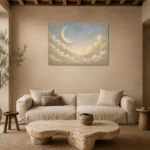 Cream & Gold Harbor Moon Celestial Nursery Wall Art Canvas Print presented in a sophisticated home setting