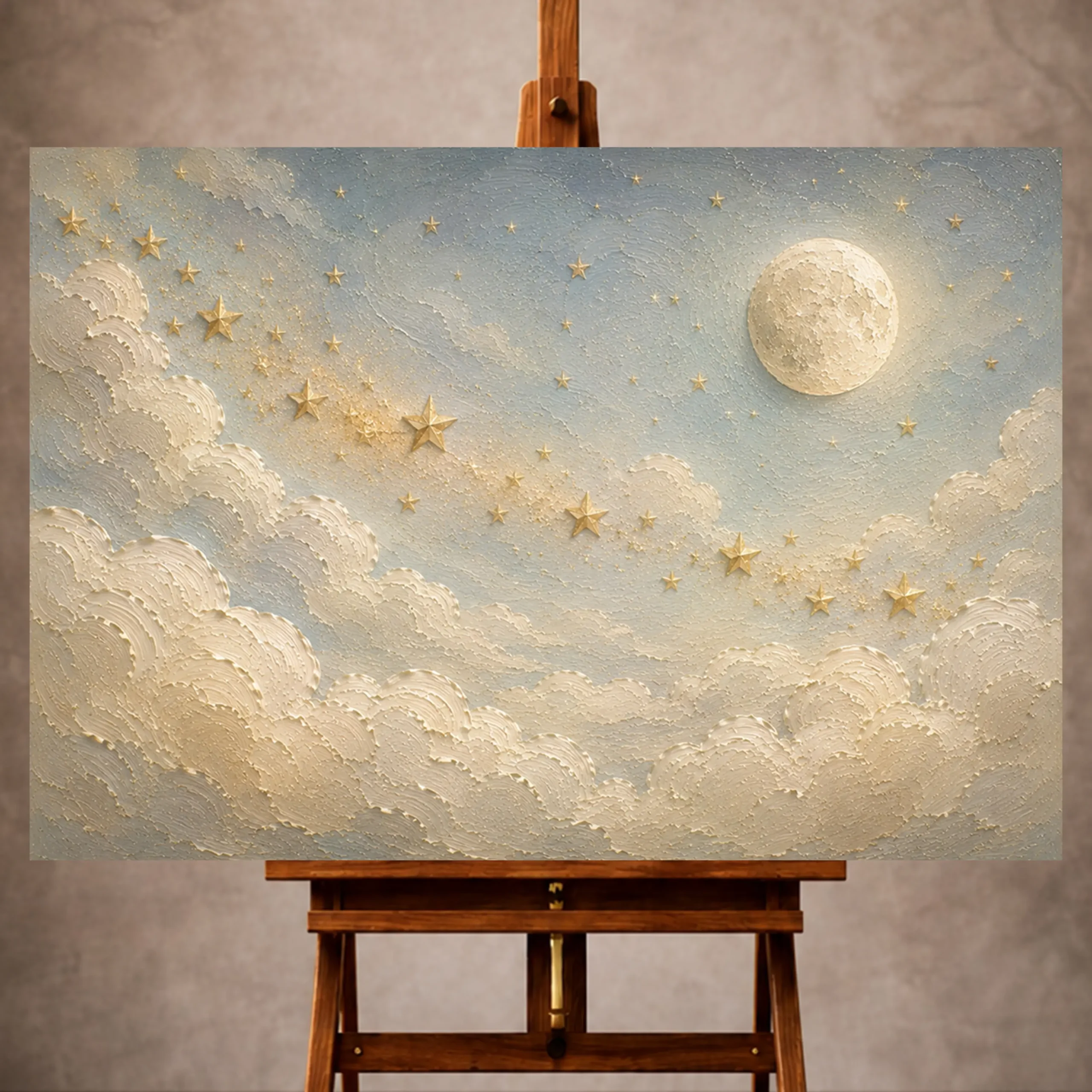 Premium Wall Art Yatay Html Edition – KIDSROOM042 Image 1 Pale blue and muted gold Celestial Nursery Wall Art print for elegant interiors. No text or watermarks in design.