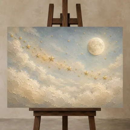Pale Blue & Gold Star Cloud Celestial Nursery Wall Art Canvas Print displayed on a studio easel