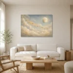 Pale Blue & Gold Star Cloud Celestial Nursery Wall Art Canvas Print styled in a refined neutral interior